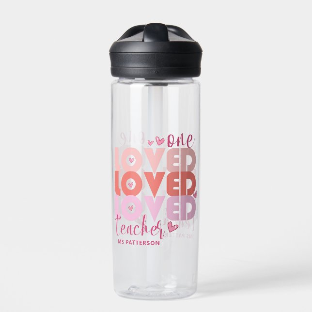 One Love Teacher Pink Modern Personalised Name Water Bottle (Front)