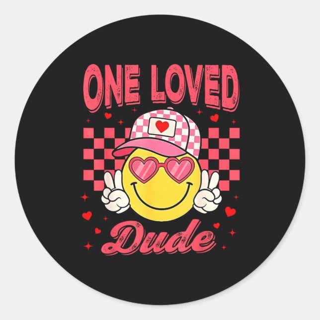 One Loved Dude Checkered Heart Valentines Day Boys Classic Round Sticker (Front)