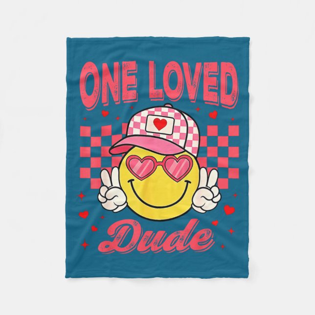 One Loved Dude Checkered Heart Valentines Day Boys Fleece Blanket (Front)