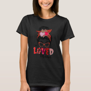 One Loved Mama Messy Bun Buffalo Plaid Valentines  T-Shirt