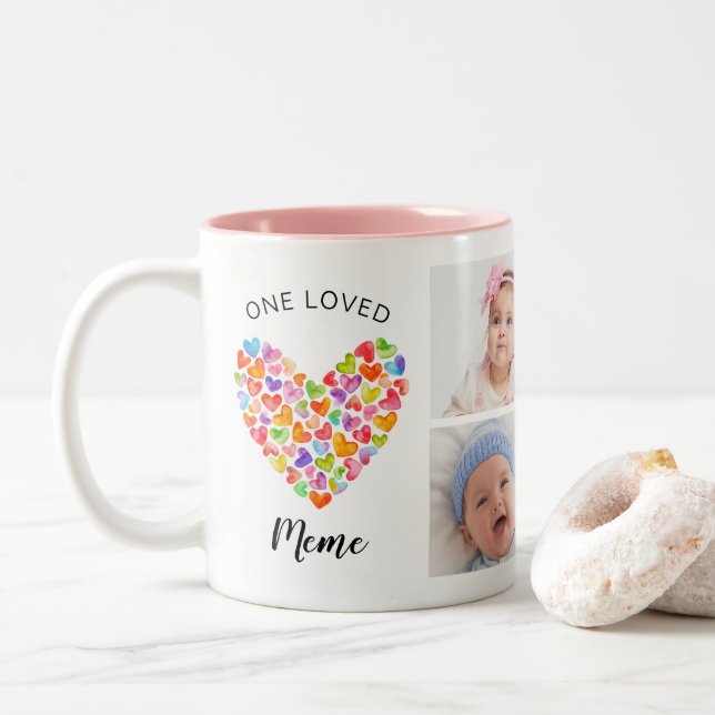 One Loved Meme Four Photo Collage Two-Tone Coffee Mug (With Donut)