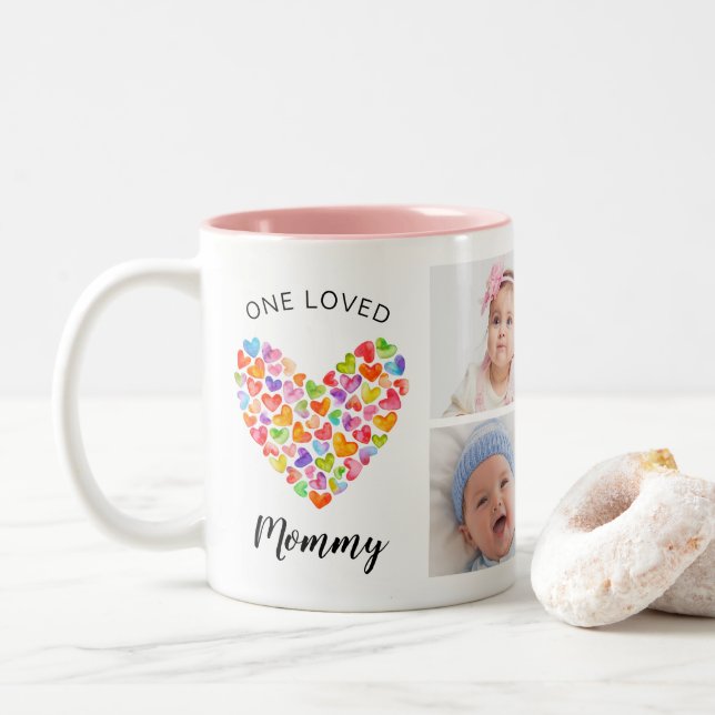 One Loved Mummy Four Photo Collage Two-Tone Coffee Mug (With Donut)
