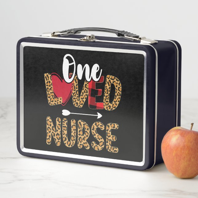 One Loved Nurse Leopard Buffalo Plaid Valentines Metal Lunch Box (In Situ)