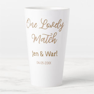 one lovely match pink golden name date wedding cou latte mug