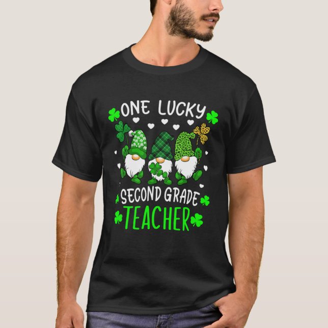 One Lucky 2nd Second Grade Teacher Gnome St Patric T-Shirt (Front)