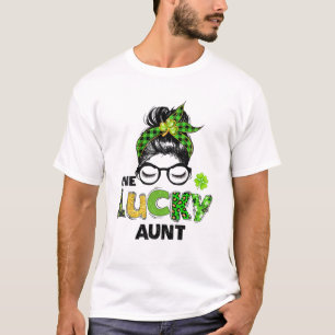 One Lucky Aunt Messy Bun Leopard St Patrick's Day T-Shirt