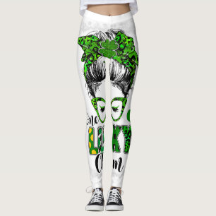 One Lucky Charm Bleached Messy Bun Shamrock St Pat Leggings