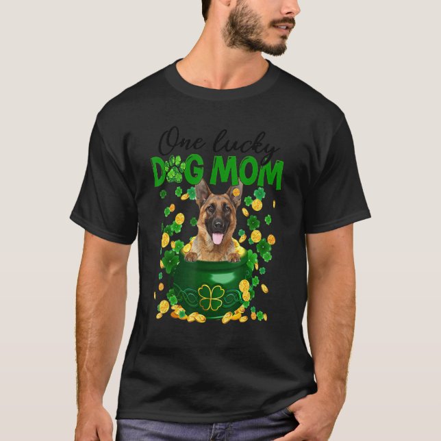 One Lucky Dog Mom  German Shepherd Mom St Patricks T-Shirt (Front)