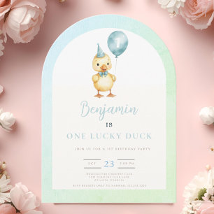 One Lucky Duck Balloon 1st Birthday Invitation