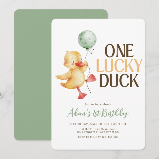One Lucky Duck Birthday Invitation, Kids Birthday  Invitation (Front/Back)