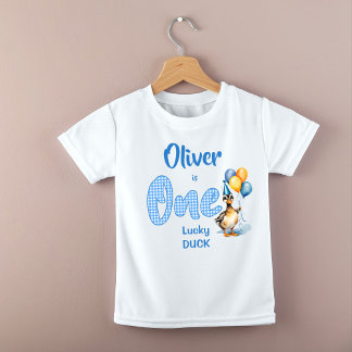 One lucky duck blue gingham birthday printed baby T-Shirt