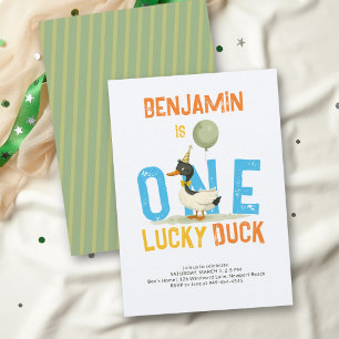One Lucky Duck Blue Orange Boy 1st Birthday Invitation
