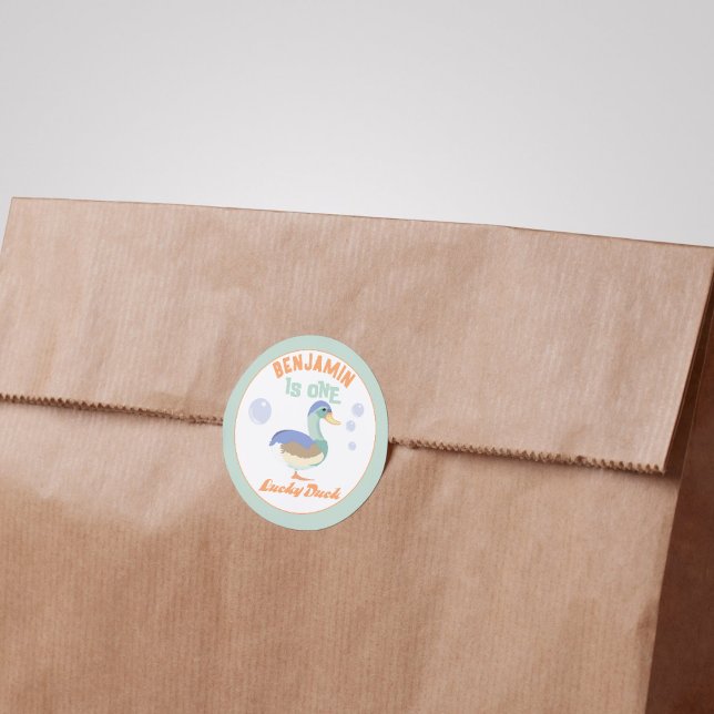 One Lucky Duck &  Bubbles First Birthday Pastel  Classic Round Sticker (In situ, one lucky duck round sticker closing a paper bag )