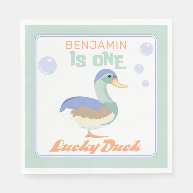 One Lucky Duck &  Bubbles First Birthday Pastel  Napkin (Front)