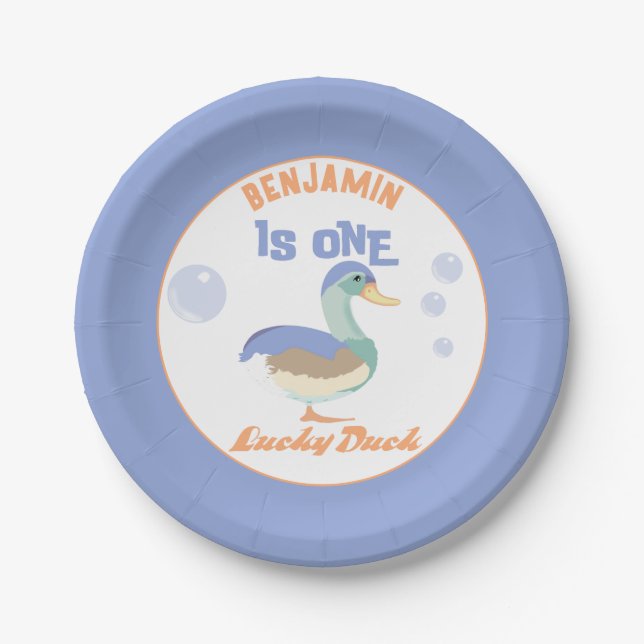 One Lucky Duck &  Bubbles First Birthday Pastel  Paper Plate (Front)