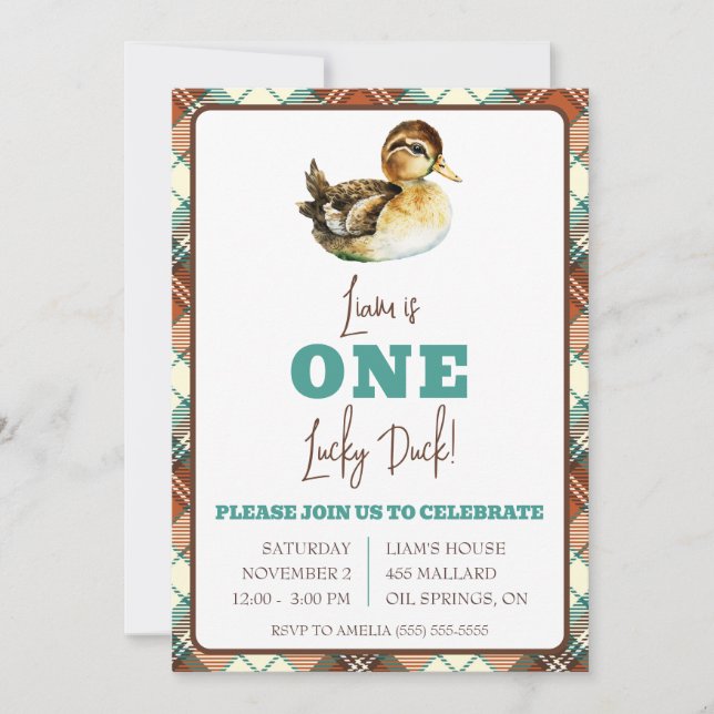One Lucky Duck, First Birthday Kids' Birthday Invitation (Front)