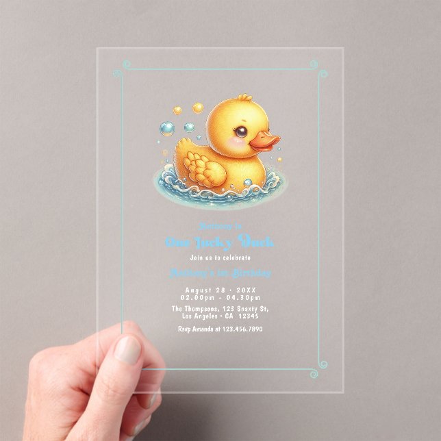 One Lucky Duck First Birthday Party Acrylic Invitations (Insitu (Handheld))