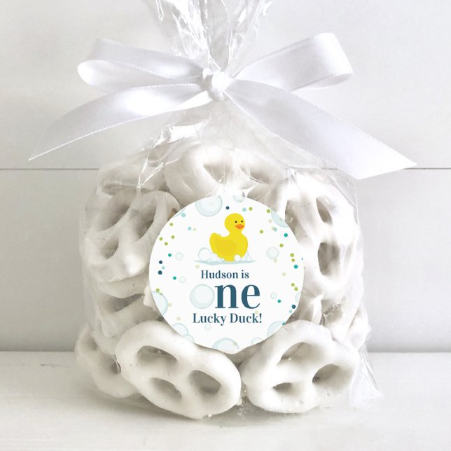 One Lucky Duck First Birthday Party Classic Round Sticker (Creator Uploaded)