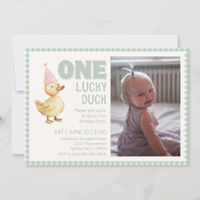 ONE Lucky Duck First Birthday Party Invitation (Front)