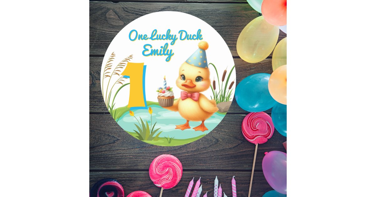 1st Sticker One Lucky Duck Girl 1st Birthday Party Classic Round Sticker | Zazzle
