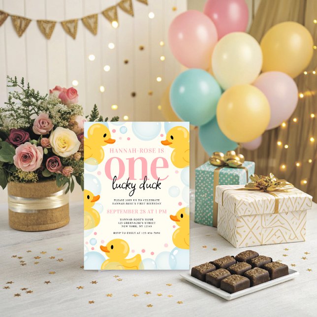 One Lucky Duck Girl's First Birthday Party Invitation (Creator Uploaded)