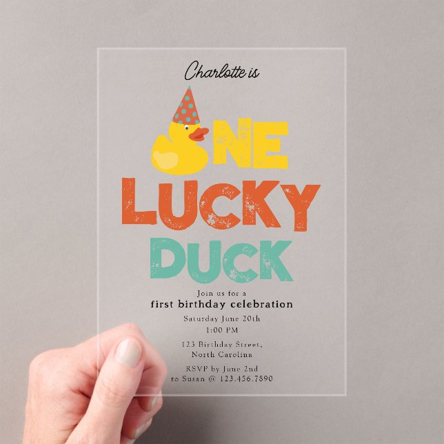 One Lucky Duck Invite 1st  First Birthday Cute Acrylic Invitations (Insitu (Handheld))