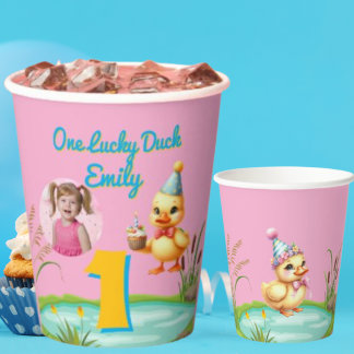 One Lucky Duck Kids Birthday Photo Paper Cups