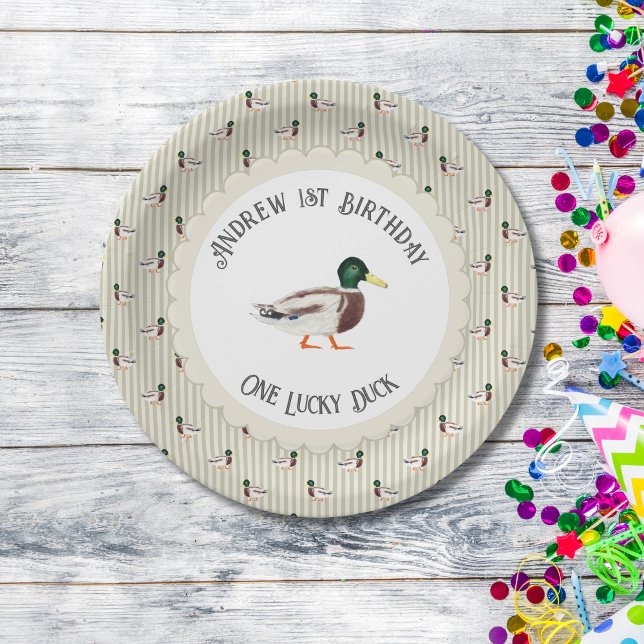 One Lucky Duck Mallard 1st Birthday Paper Plate (Creator Uploaded)