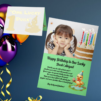 One Lucky Duck Photo Girly 1st Birthday Foil Greeting Card