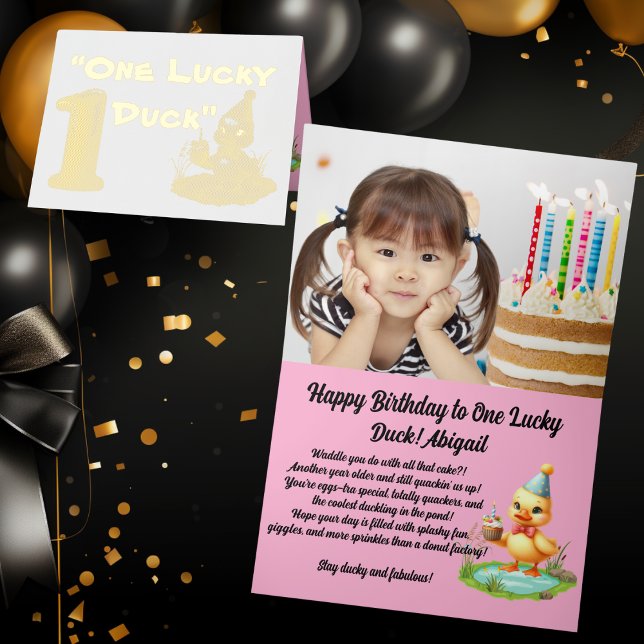 One Lucky Duck Photo Girly 1st Birthday Foil Greeting Card (Creator Uploaded)