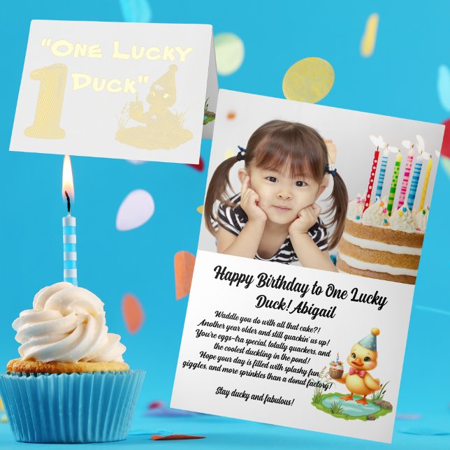 One Lucky Duck Photo Girly 1st Birthday Foil Greeting Card (Creator Uploaded)