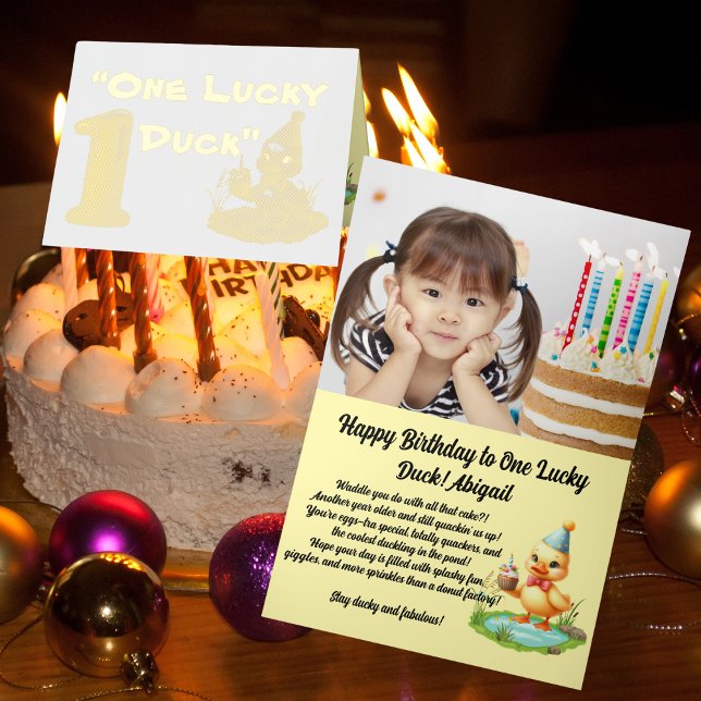 One Lucky Duck Photo Girly 1st Birthday Foil Greeting Card (Creator Uploaded)