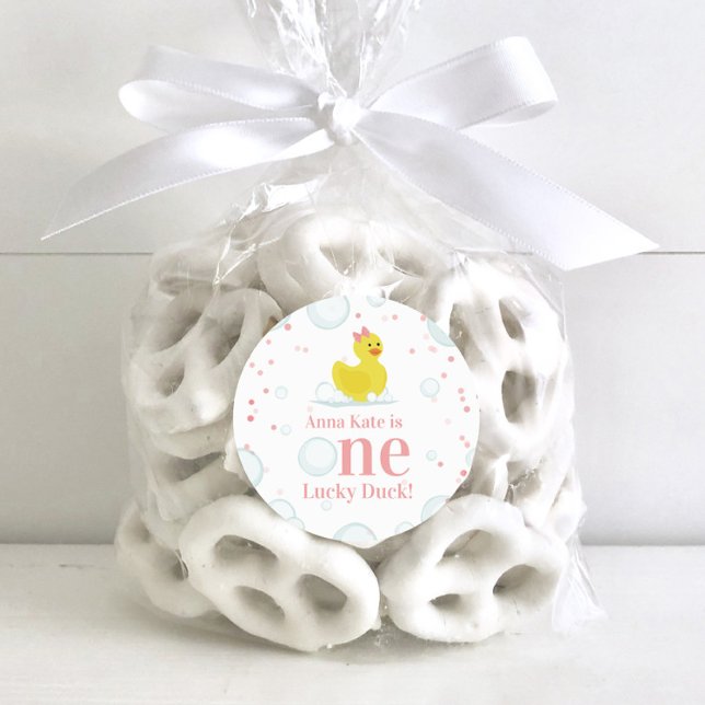 One Lucky Duck Pink First Birthday Party Classic Round Sticker (Creator Uploaded)