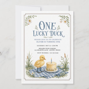 One Lucky Duck Pond Picnic Blue Boy 1st Birthday Invitation