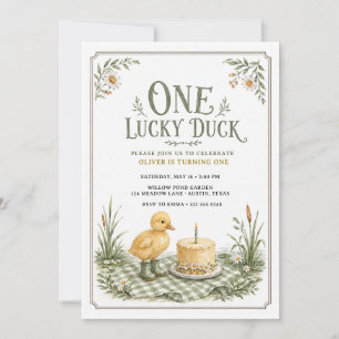 One Lucky Duck Sage Green Pond Picnic 1st Birthday Invitation