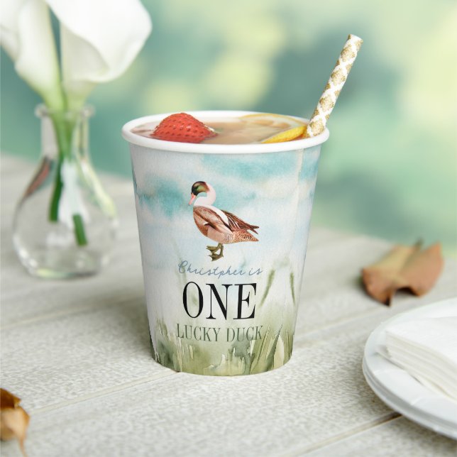 One Lucky Duck Watercolor Boy 1st Birthday Paper Cups (Insitu)