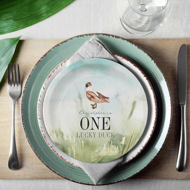 One Lucky Duck Watercolor Boy 1st Birthday Paper Plate (One Lucky Duck 1st Birthday Paper Plate)