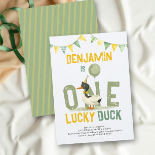 One Lucky Duck Watercolor Green Boy 1st Birthday Invitation