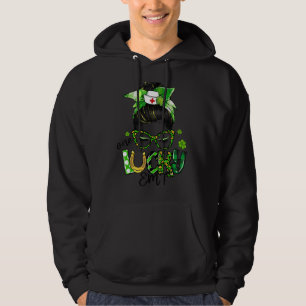 One Lucky Emt Messy Bun Shamrocks St Patrick S Day Hoodie