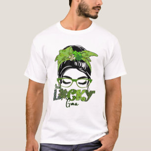 One Lucky Gma Grandma Messy Bun Shamrock St Patric T-Shirt
