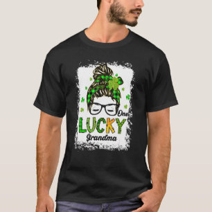 One Lucky Grandma Messy Bun Hair Bleached St Patri T-Shirt