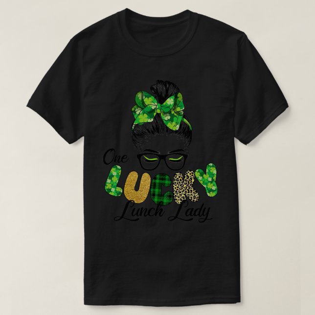 One Lucky Lunch Lady Patrick's Day Leopard Shamroc T-Shirt (Design Front)