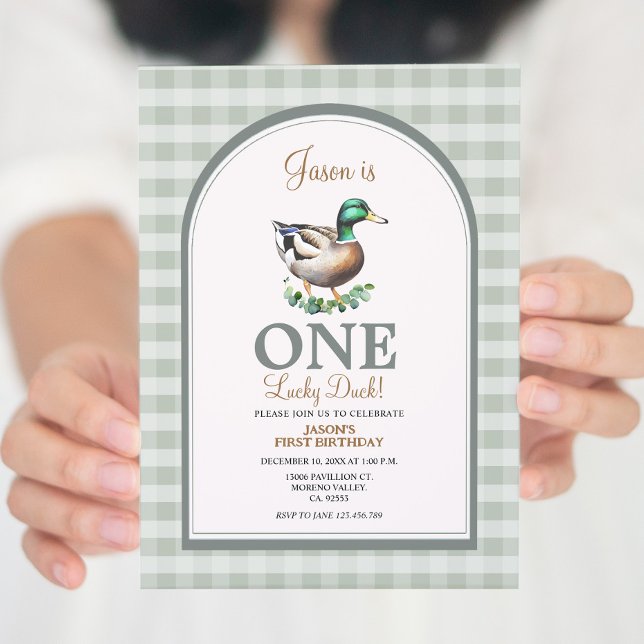 One Lucky Mallard Ducks Green Gingham 1st Birthday Invitation (Creator Uploaded)