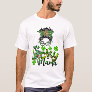 One Lucky Mama St. Patrick's Day Messy Bun Leopard T-Shirt