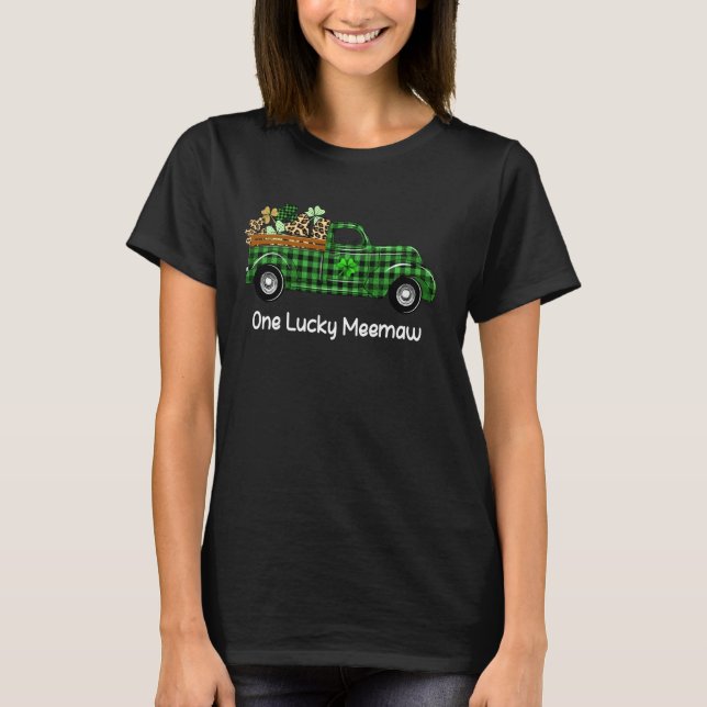 One Lucky Meemaw Green Plaid Truck Shamrocks St Pa T-Shirt (Front)