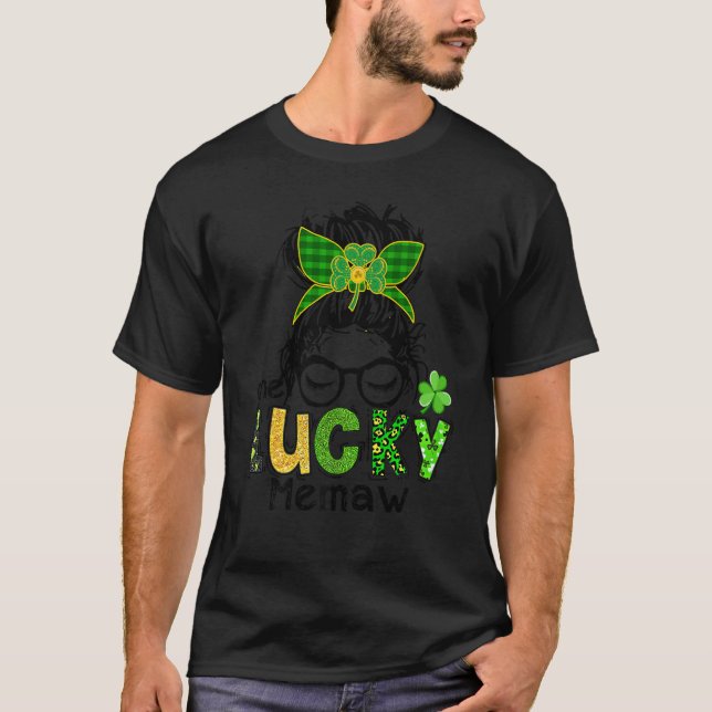 One Lucky Memaw Messy Bun Leopard St Patrick's Day T-Shirt (Front)