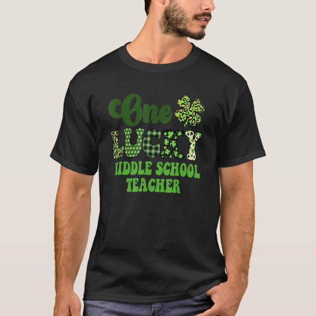 One Lucky Middle School Teacher Groovy St. Patrick T-Shirt (Front)