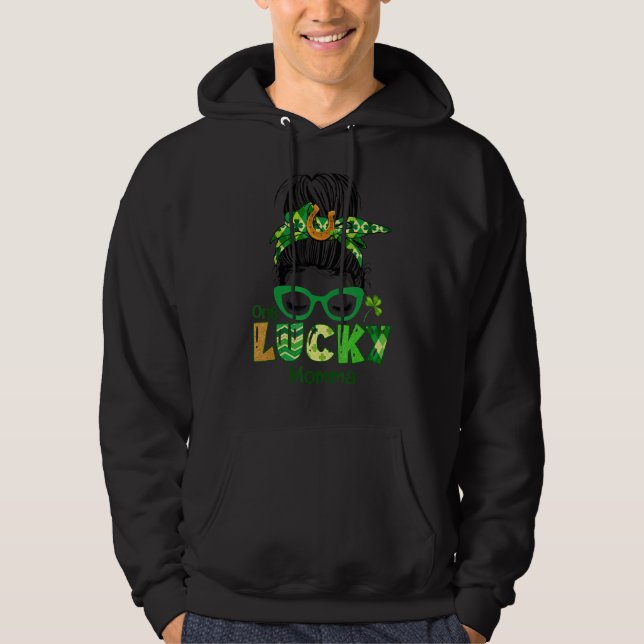 One Lucky Momma Messy Bun Leopard St Patrick's Day Hoodie (Front)