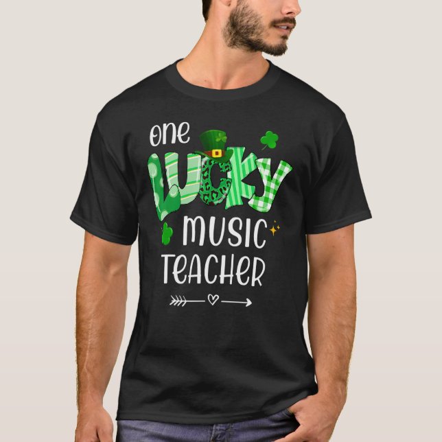 One Lucky Music Teacher Shamrock Leopard St Patric T-Shirt (Front)