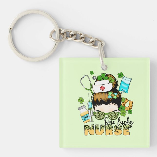 One Lucky Nurse - Messy Bun - St. Patrick’s Day Key Ring (Front)